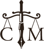 CM monogram — scales of justice and pen